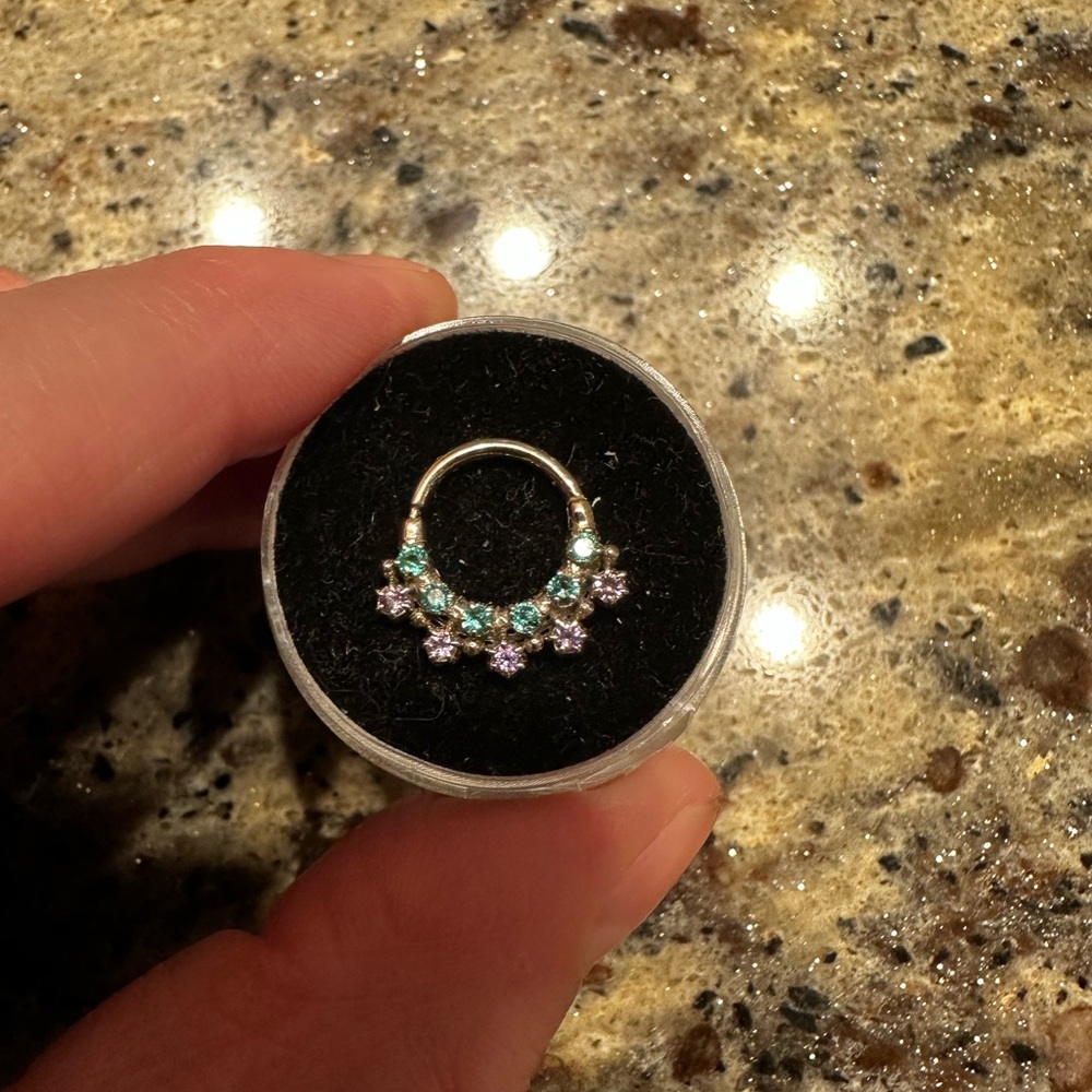 Sacred Symbols 14K White Gold, Emerald and Amethyst Clicker